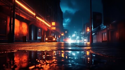 Obraz premium Clammy black-top, reflection of neon lights, a searchlight, smoke. Hypothetical light in a somber cleanse street with smoke, debilitate cloud. AI Generated
