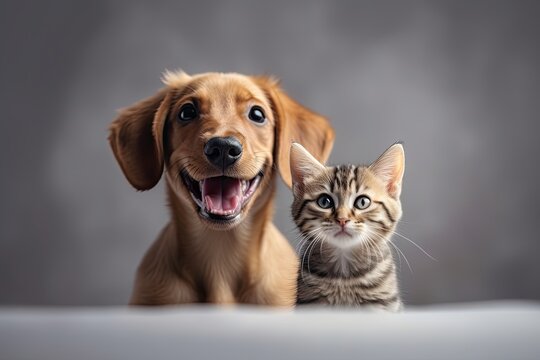 Portrait of a dog and a cat looking at the camera in front of a white background, Generative AI