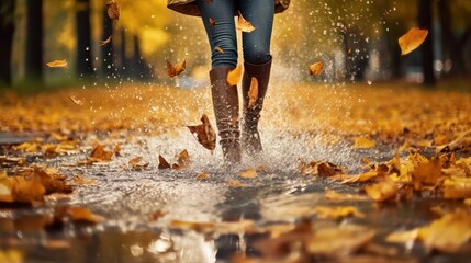 Woman wearing rain flexible boots walking running and bouncing into puddle with water sprinkle and drops in collect time rain. AI Generated