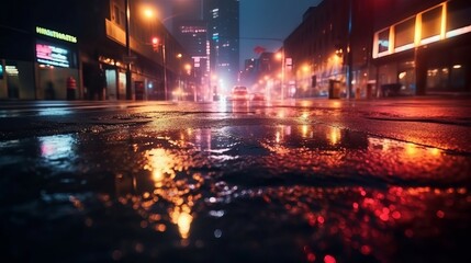 Obraz premium Clammy black-top, reflection of neon lights, a searchlight, smoke. Theoretical light in a somber cleanse street with smoke, debilitate cloud. AI Generated