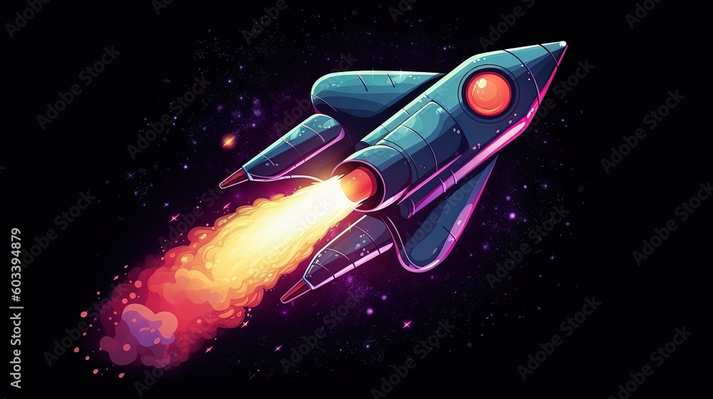 Poster a cartoon style rocket flying through space with a red light. generative ai