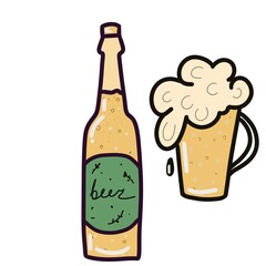 Bottle and mug of beer illustration, cartoonish 