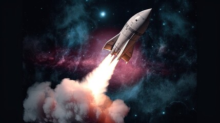  a space shuttle is flying through the air with smoke coming out of it.  generative ai