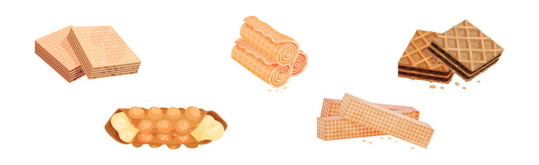 Waffle as Sweet Dish from Leavened Batter or Dough Vector Set