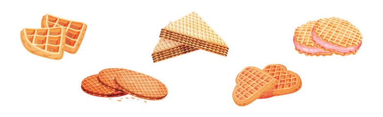 Waffle as Sweet Dish from Leavened Batter or Dough Vector Set