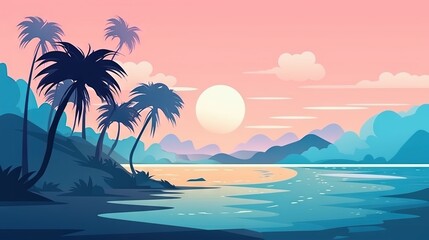 Fototapeta na wymiar a tropical sunset with palm trees on the shore of a beach. generative ai