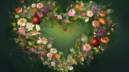  a heart shaped arrangement of flowers and fruit on a green background.  generative ai