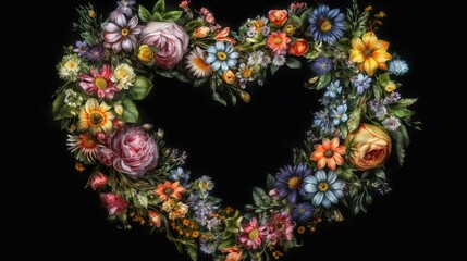  a heart made out of flowers on a black background with a black background.  generative ai