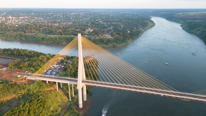 Aerial Drone Fly Above Bridge Connection in Triple Frontier, Brazil Paraguay and Argentina Junction...