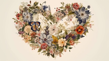  a heart shaped arrangement of flowers and a butterfly on a white background.  generative ai