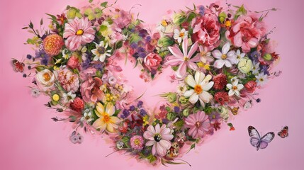 Naklejka na ściany i meble a heart shaped arrangement of flowers and a butterfly on a pink background. generative ai