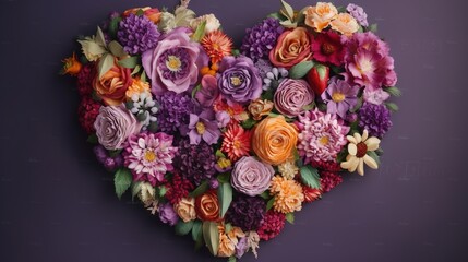  a heart shaped arrangement of colorful flowers on a purple background.  generative ai