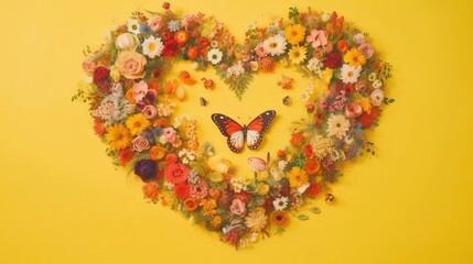  a heart shaped arrangement of flowers and a butterfly on a yellow background.  generative ai