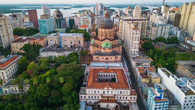 Aerial view rising up Catedral Metropolitana de Porto Alegre domed cathedral to Rio Grande do Sul  Brazil 