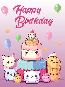 Creare happy birthday day card kawaii. Kawaii birthday sticker on a background