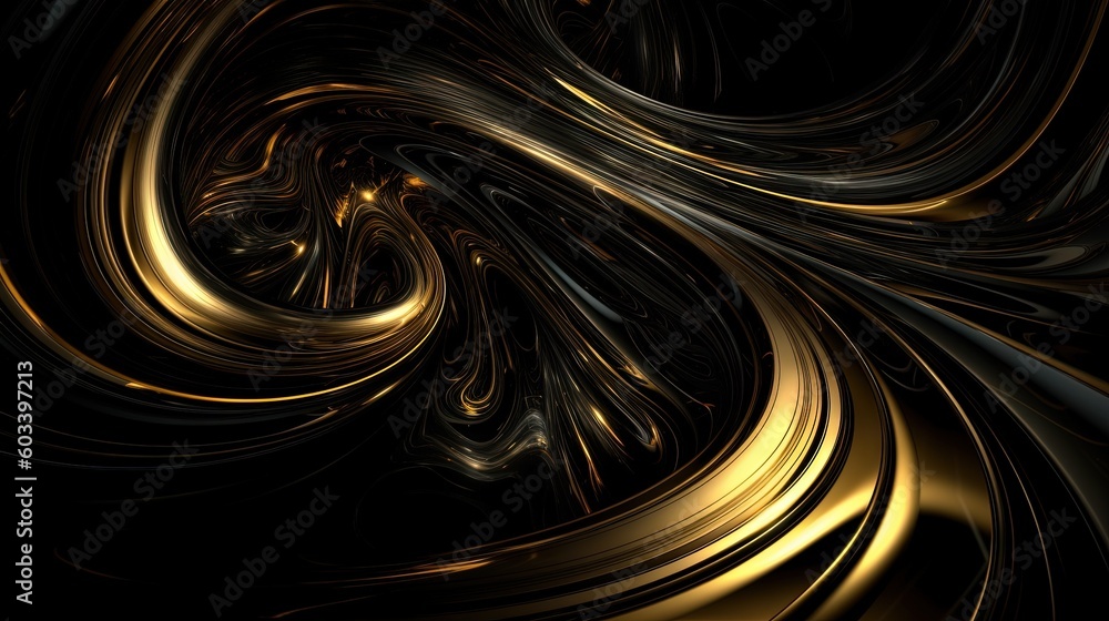 Poster a computer generated image of gold and black swirls and curves. generative ai