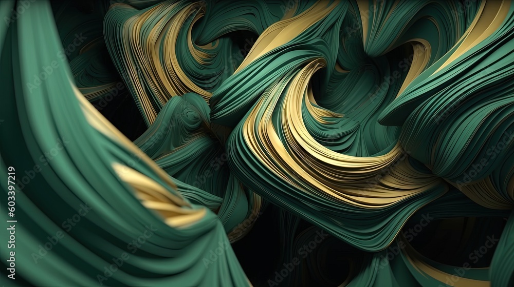 Aufkleber a green and gold abstract background with wavy lines and curves. generative ai