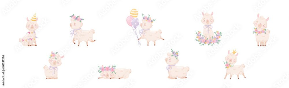 Poster cute llama or alpaca fluffy character with pretty snout vector set
