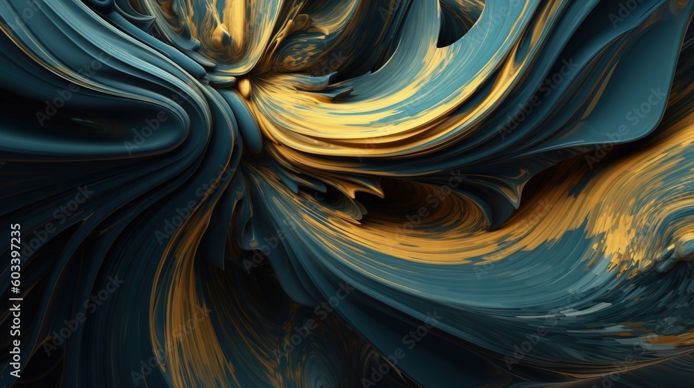 Poster a computer generated image of a blue and gold swirl design. generative ai