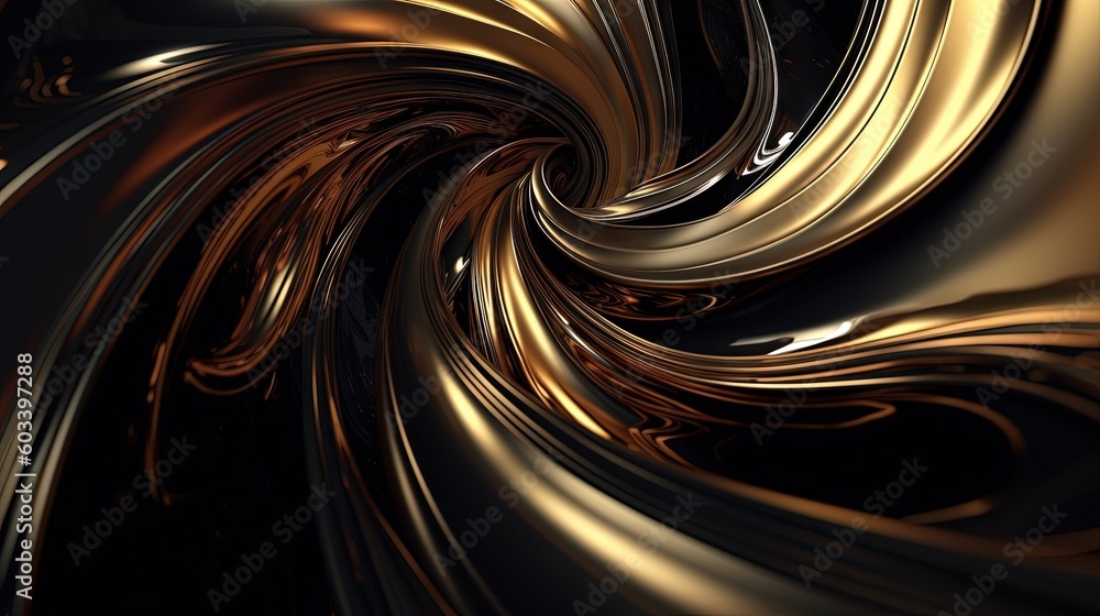 Poster an abstract gold and black background with a spiral like design. generative ai