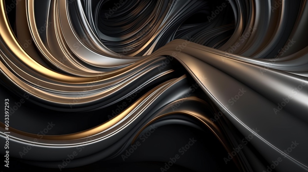 Poster an abstract image of gold and silver lines on a black background. generative ai