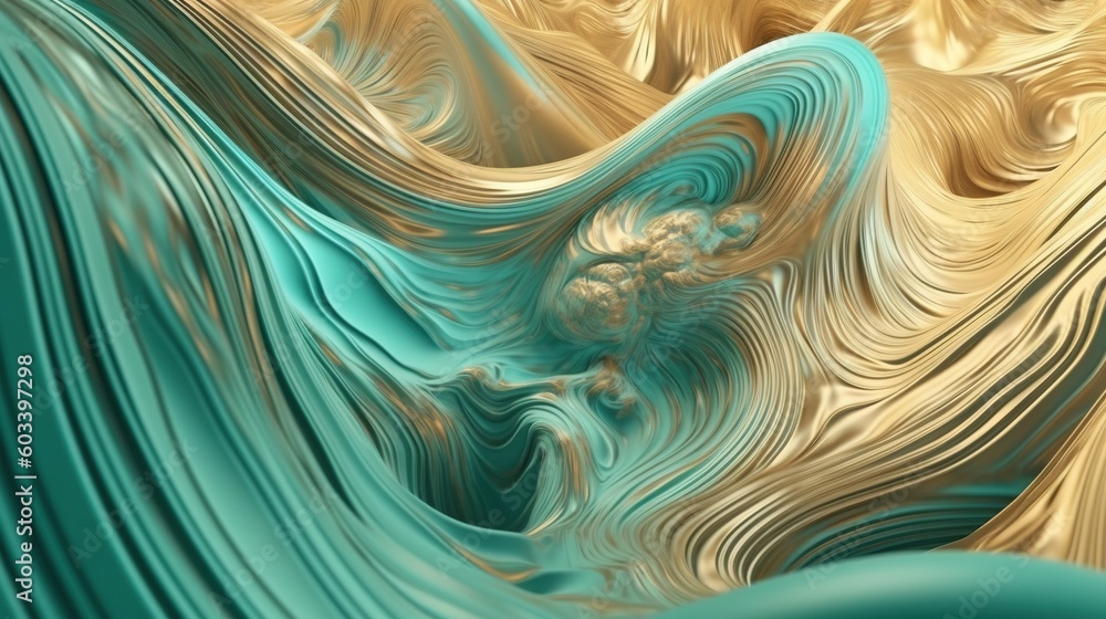 Poster a computer generated image of a wave in gold and teal. generative ai