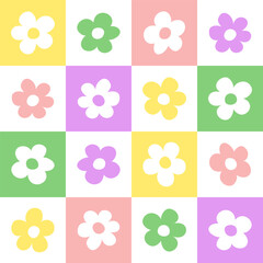 Y2k daisy grid seamless pattern. Colorful trendy checker board with flowers square. Pastel vintage background for textile, cover. Vector illustration.
