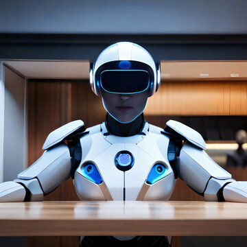 Robot in a helmet, artificial intelligence in a helmet sitting at a table.Generated with AI