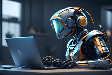 Artificial intelligence robot works, spends time at a laptop, computer.Generated AI
