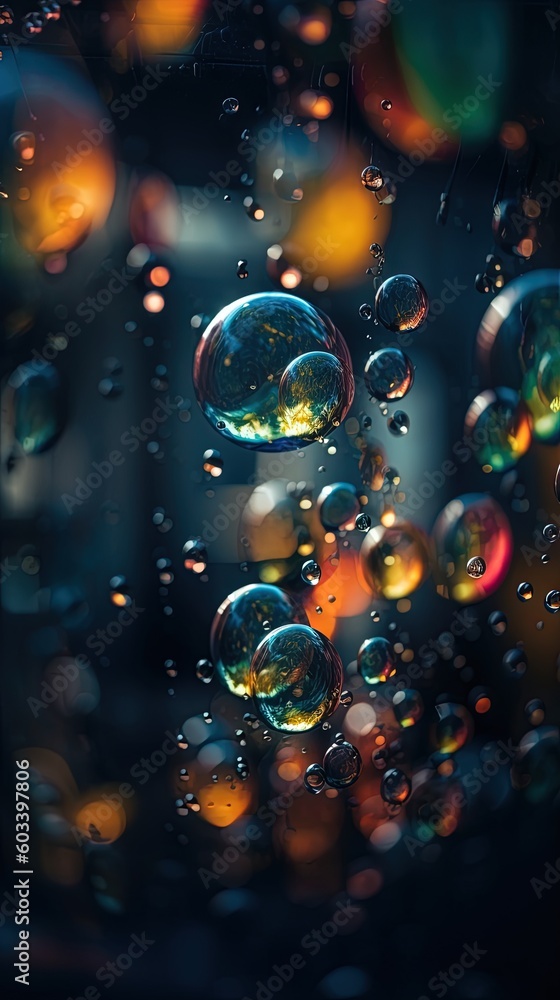Poster a bunch of bubbles that are floating in the air on a window. generative ai