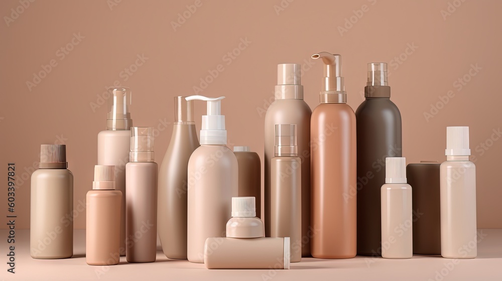 Poster  a group of different types of bottles and containers on a table.  generative ai
