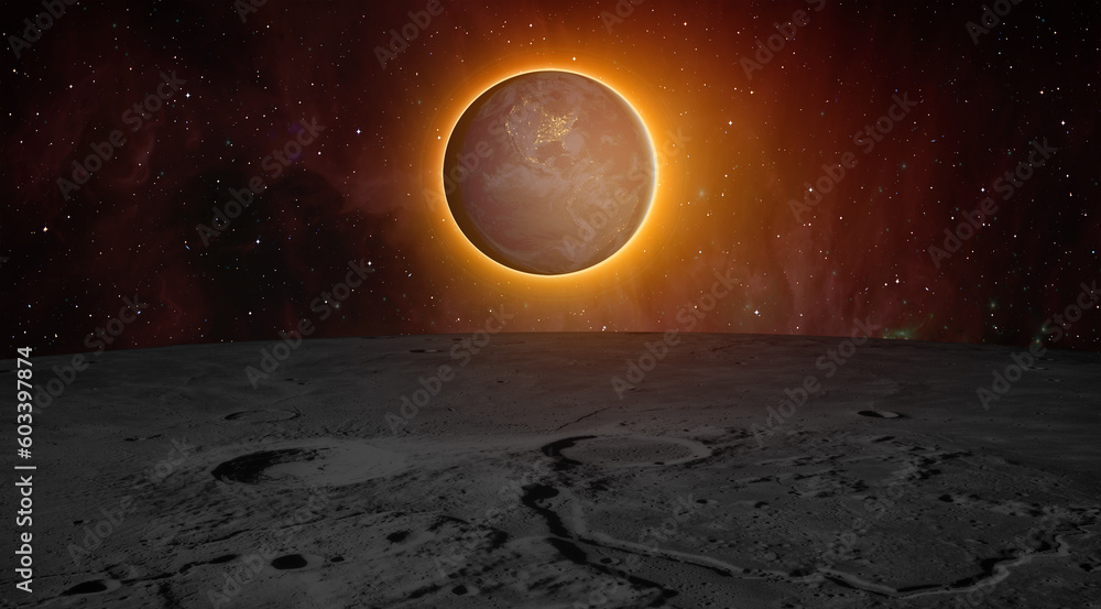 Aufkleber Spectacular lunar eclipse and view from the lunar (Moon) surface and   night view of America continent