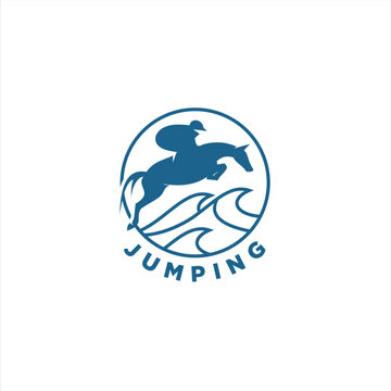 Jumping horse logo containing illustration of a side view of a jumping horse inside a shield frame.