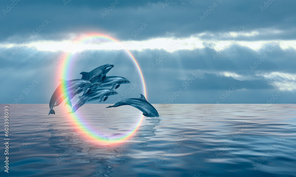 Poster group of dolphins jumping up from the sea amazing sunset in the background with rounde rainbow