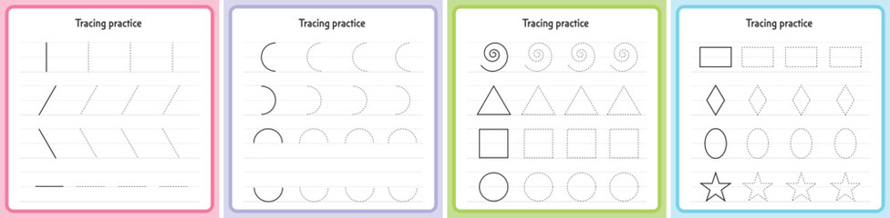 Basic Tracing for kids. Preschool tracing worksheet for handwriting motor skills. Dashed shapes to trace. Hand-eye Coordination motor skills for children.