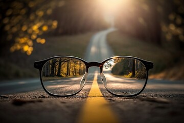 glasses on the road, vision problem, difference in vision with and without glasses, Generative AI prescription glasses, vision correction - obrazy, fototapety, plakaty