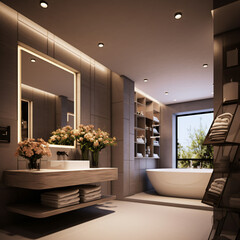 modern bathroom interior with a window opposite the bathtub and a gorgeous view.