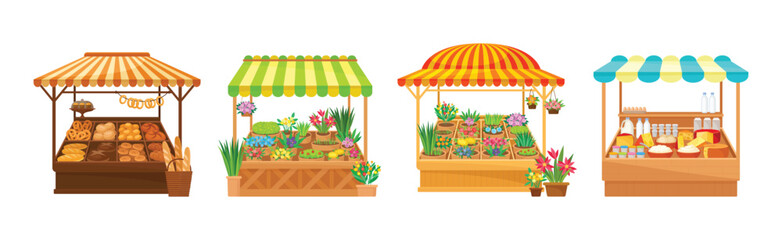 Street Market Stall and Stand with Awning and Various Products Vector Set