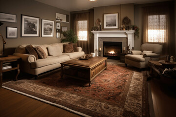 A cozy and inviting living room with a fireplace, plush sofas, and a soft area rug, creating a warm and welcoming ambiance. Generative AI