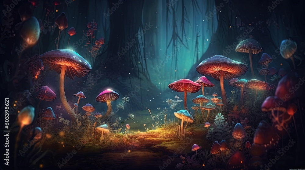 Aufkleber a group of mushrooms in a forest with a light shining on them. generative ai