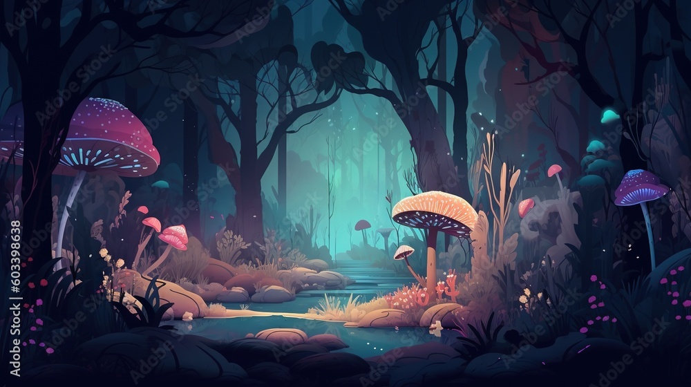 Poster a painting of a forest with mushrooms and a stream running through it. generative ai