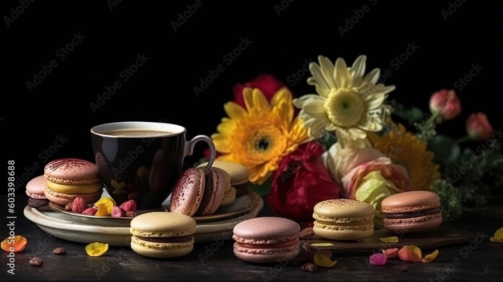 Poster a table topped with macaroons and a cup of coffee. generative ai