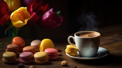 Fototapeta na wymiar a cup of coffee and some macaroons on a table. generative ai