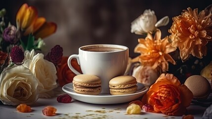 Obraz na płótnie Canvas a cup of coffee and two macaroons on a saucer. generative ai