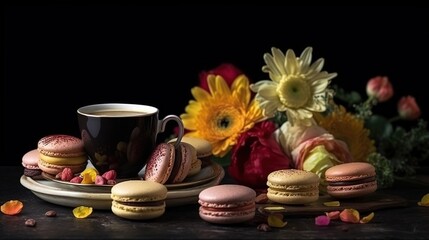 Obraz na płótnie Canvas a table topped with macaroons and a cup of coffee. generative ai