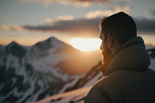 Generative AI illustration of back view of unrecognizable male hiker admiring landscape of high mountains with peaks covered in snow in sunset
