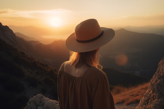 Generative AI illustration of back view of unrecognizable female traveler in hat admiring landscape of high mountains in sunset while hiking in autumn