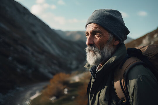 Generative AI illustration of side view of aged male hiker with backpack admiring landscape of high mountains against blue sky