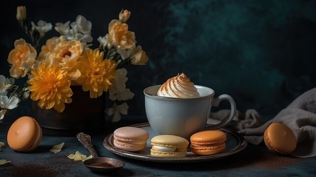  a cup of coffee and some macaroons on a plate.  generative ai