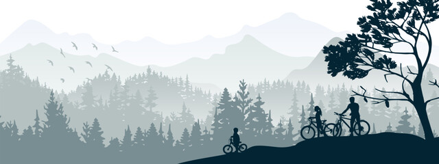 Active family cycling. Forest and mountains in background. Mother, father, child, gray silhouette horizontal illustration. Healthy lifestyle outdoor activities. Recreation. Banner.  - obrazy, fototapety, plakaty